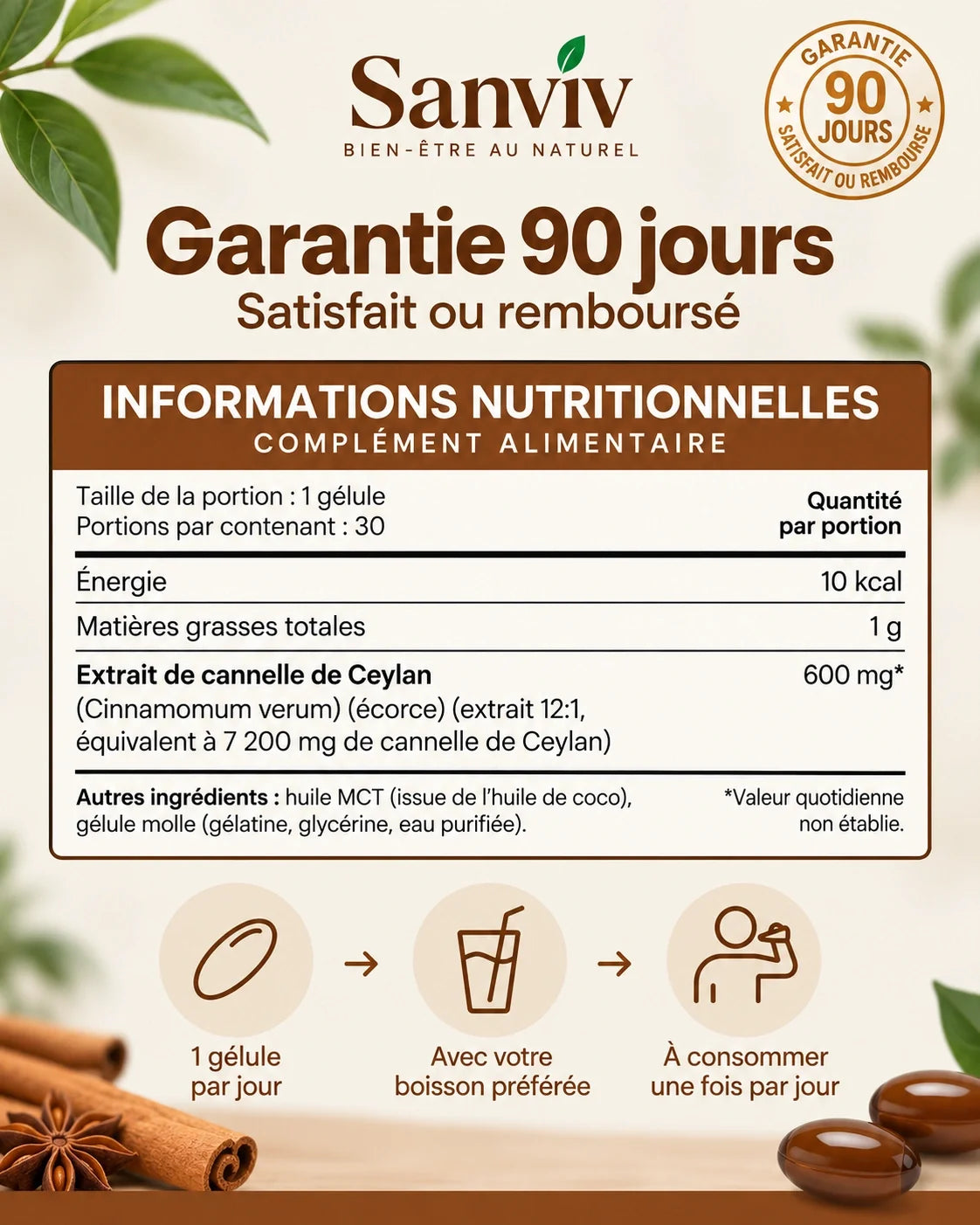 Sanviv – Cannelle de Ceylan, équivalent à 7 200 mg avec huile MCT